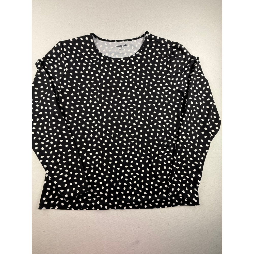 Lands’ End Women’s Black White Polka Dot Long Sleeve Blouse Size Large